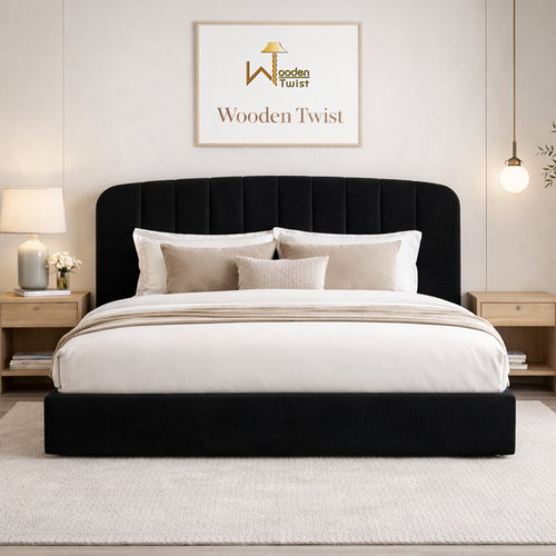Bloomart Black Calmora Luxury Bed Minimal Modern Upholstered Bed With Padded Headboard
