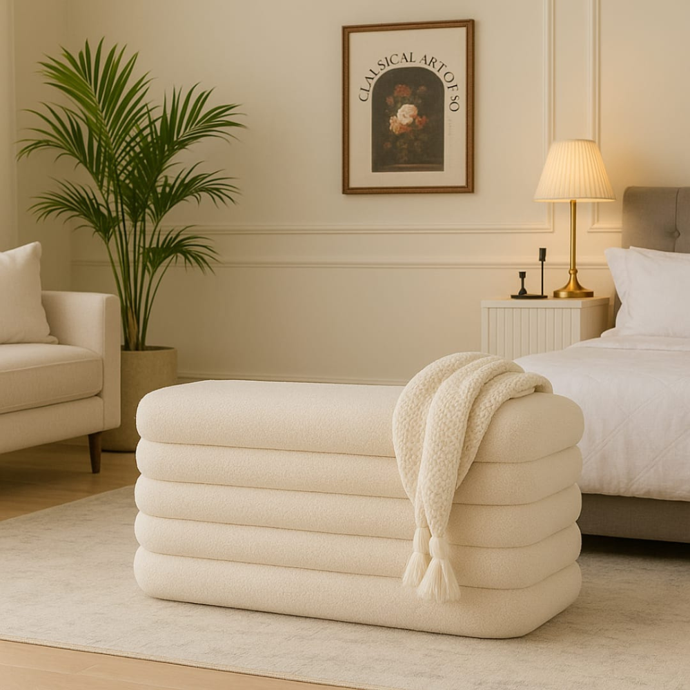 Bloomart Luxury Off-White Boucle Bench Modern Upholstered Ottoman Seat for Bedroom & Living Room