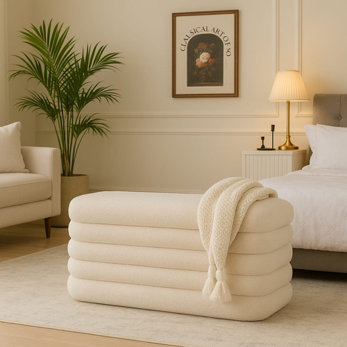 Bloomart Luxury Off-White Boucle Bench Modern Upholstered Ottoman Seat for Bedroom & Living Room