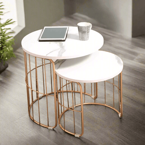 Bloomart Rxuro Modern Stylish Look Metal Base Marble Finish Laminated Top Round Coffee Table ( Set of 2 )