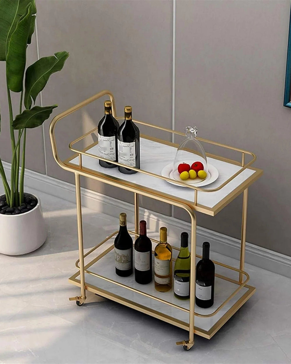 Sansa Bend Solid Metal Pipe Bar Cart Trolly With Marble shelf.