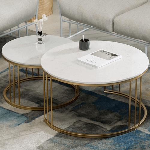 Bloomart Stylish Look Center Nesting Wrought Iron Round Coffee Table White Marble Finish Laminated Top ( Set of 2 )
