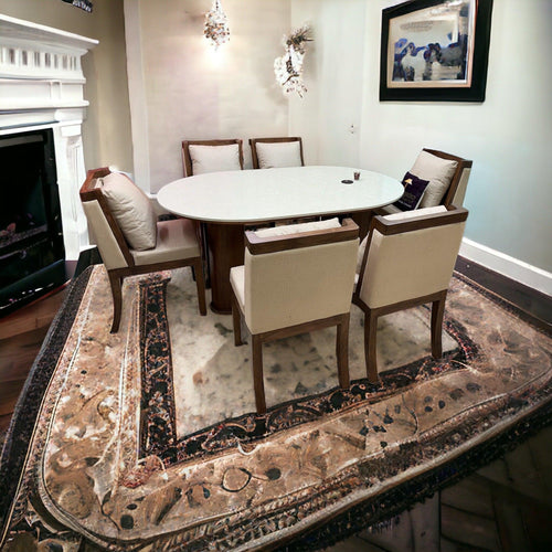 Suave Modern Lavishness Marble Top Teak Wood 6 Seater Dining Table Set with Comfortable Cushions