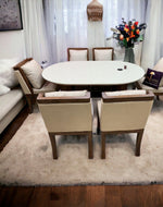 Suave Modern Lavishness Marble Top Teak Wood 6 Seater Dining Table Set with Comfortable Cushions