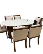 Suave Modern Lavishness Marble Top Teak Wood 6 Seater Dining Table Set with Comfortable Cushions
