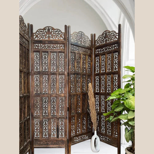 Kvora Carved 4 Panels Room Divider Folding Privacy Screen for Home and Office