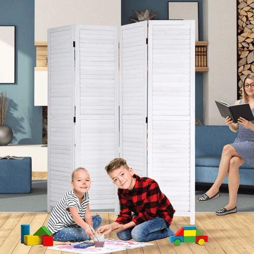 Coastal Style Wooden Room Divider Partition Screen Mango Wood Frame & MDF 4 Panels (White)