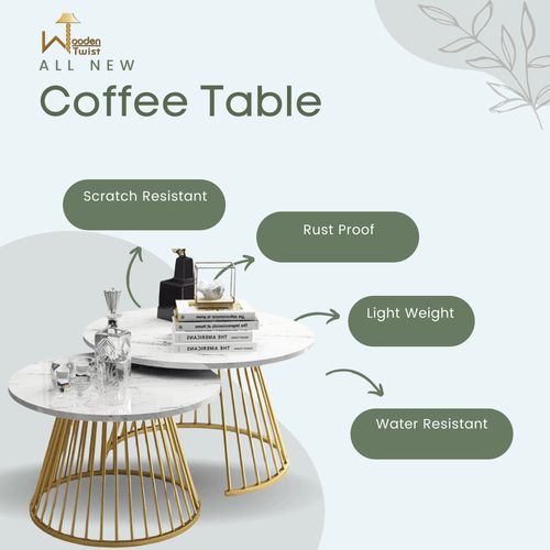 Bloomart Ornate Circular Design Round Coffee Table Set of 2 with Marble Top-Like Finish for Modern & Elegant Living Room