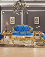 Bloomart Blue Velvet Royal Antique Gold Carved Sofa Set