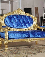 Bloomart Blue Velvet Royal Antique Gold Carved Sofa Set