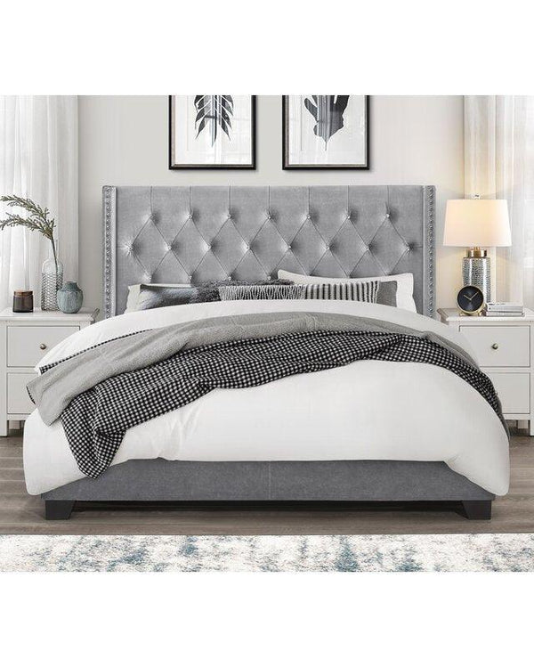 Modern Silver Grey Velvet Standard Queen Size Bed (Teak Wood) - WoodenTwist