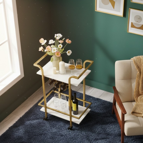 Bloomart Rolling Gold Beverage Cart with 6-Bottle  Holder and Smooth-Glide Wheels