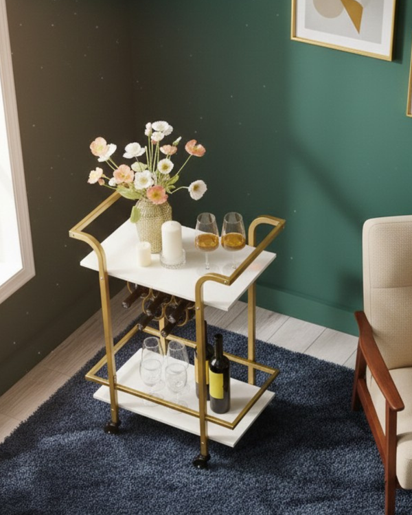 Bloomart Rolling Gold Beverage Cart with 6-Bottle  Holder and Smooth-Glide Wheels