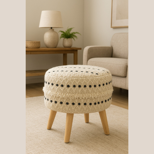 Modern Round Ottoman Stool Handcrafted Wooden Leg Pouf for Living Room & Bedroom
