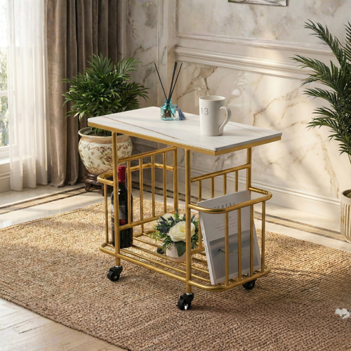 Bloomart Modern Multipurpose Serving Trolley with Storage Rack & Wheels – Gold & Black Metal Frame with White & Black laminated Top