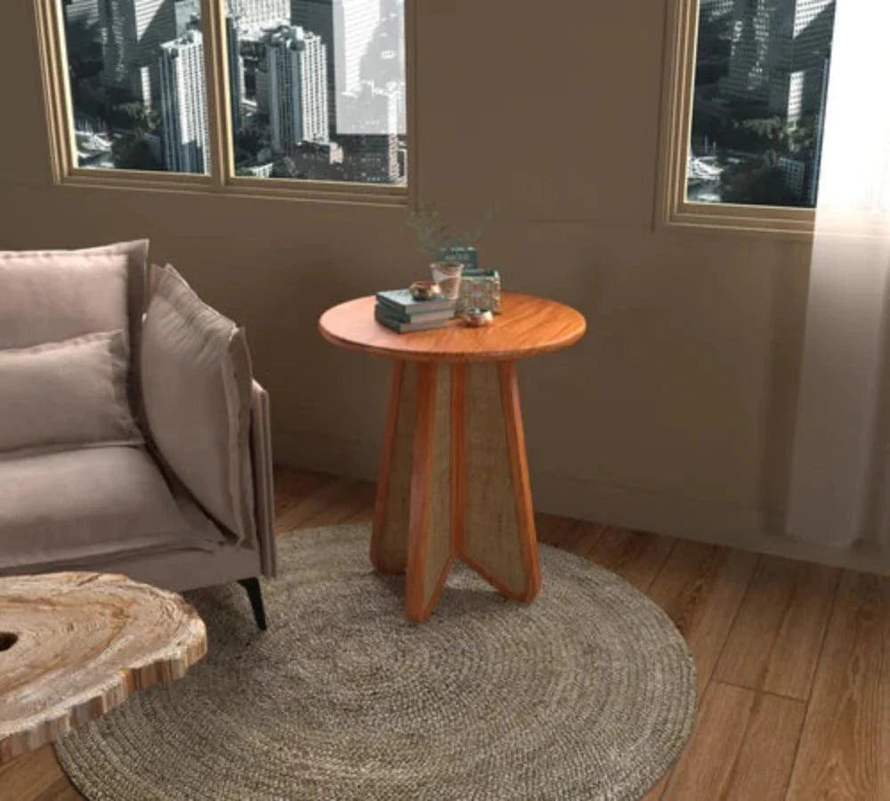 Bloomart Eensy Rattan Round Teak Wood Side Table Stylish & Functional for Living Room or Bedroom