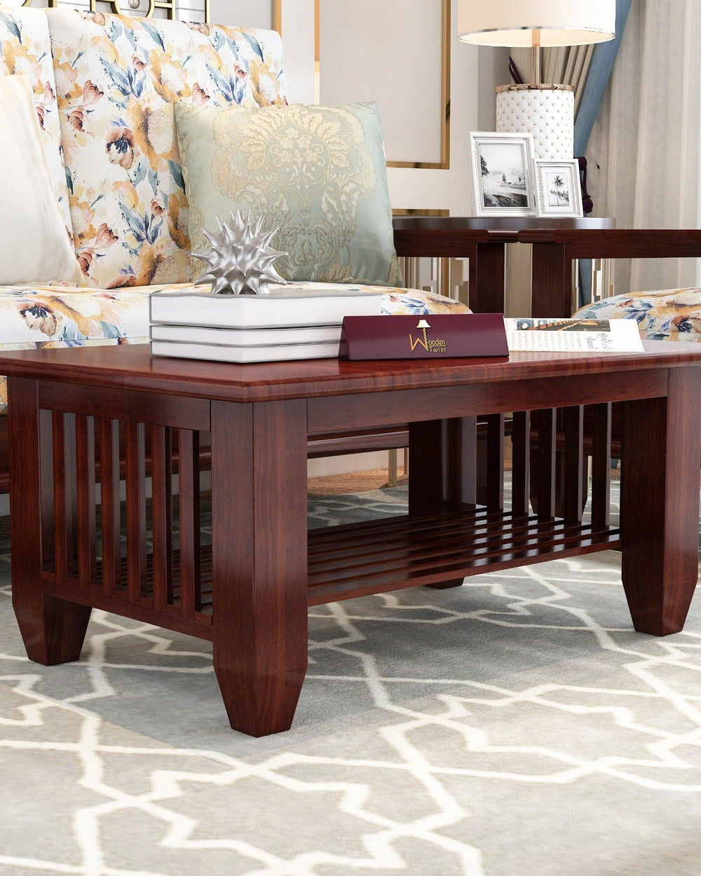 Handmade Teak Wood Coffee Table with Walnut Finish - Bloomart