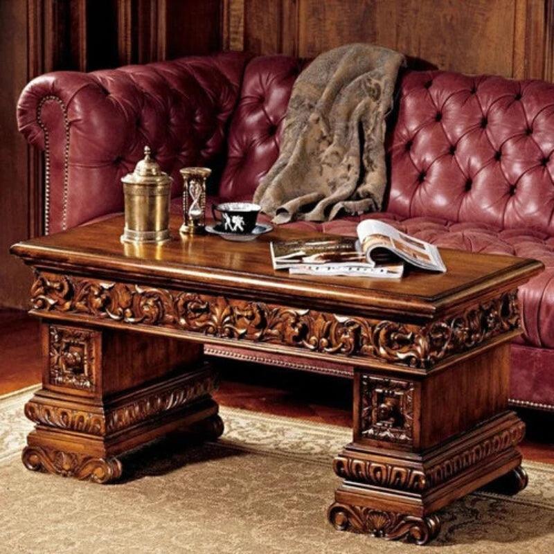 Trestle Handmade Carving Mahogany Finish Coffee Table - Bloomart