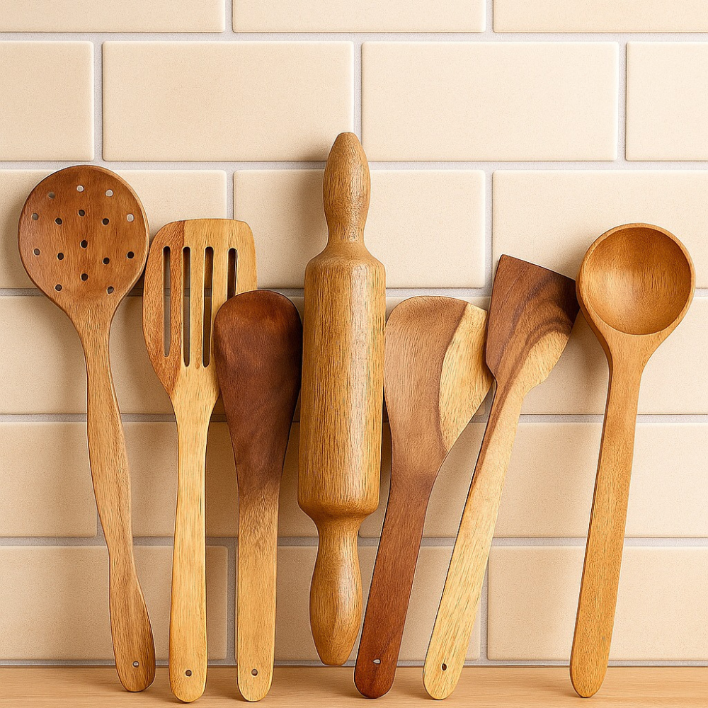 Bloomart Natural Wood Spoons, Spatulas & Rolling Pin