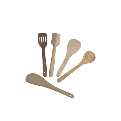 Mango Wood Cooking Spoon Set of 5  Natural & Brown Wooden Utensils
