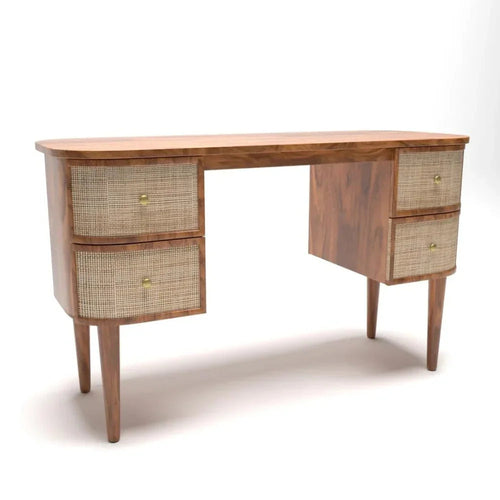 Bloomart Decoy Curve Rattan Rosewood Study Table with 4 Drawers Vintage Style Writing Desk for Home Office