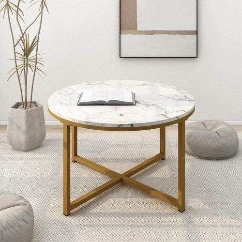 Golden Circular Cross Center Table With Italian Nano Marble Top - Bloomart