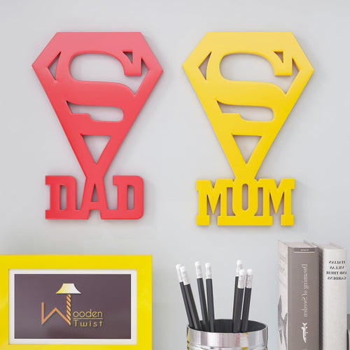 Wooden Handmade Decorative Wall Sticker DAD & MOM Design (Red & Yellow)