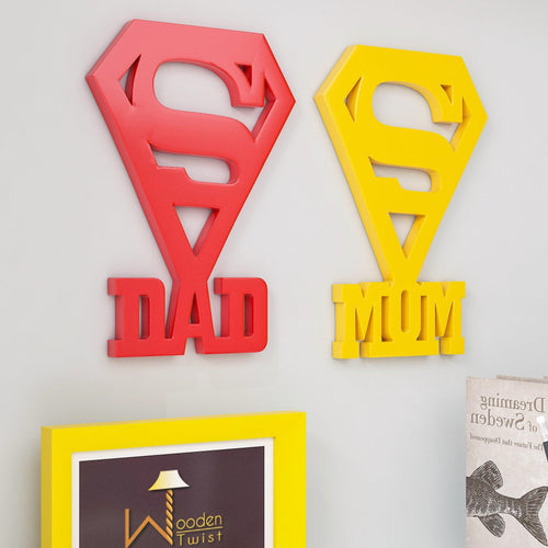 Wooden Handmade Decorative Wall Sticker DAD & MOM Design (Red & Yellow) - Bloomart