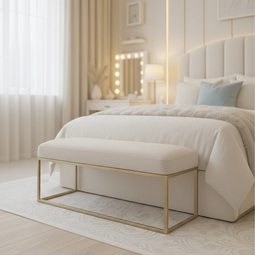 Bloomart Encanto Modern Upholstered Holland Fabric & Iron Frame Entryway Bench for Living Room, Bedroom