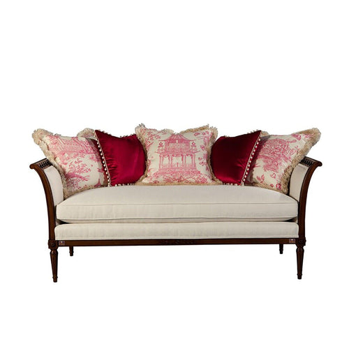Wooden Flared Arm Chaise Lounge Living Room Couch Sofa (Teak Wood, Light Beige) - Bloomart