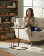Bloomart Modern Golden Side Table with White Marble Finish  Laminated Top for Living Room