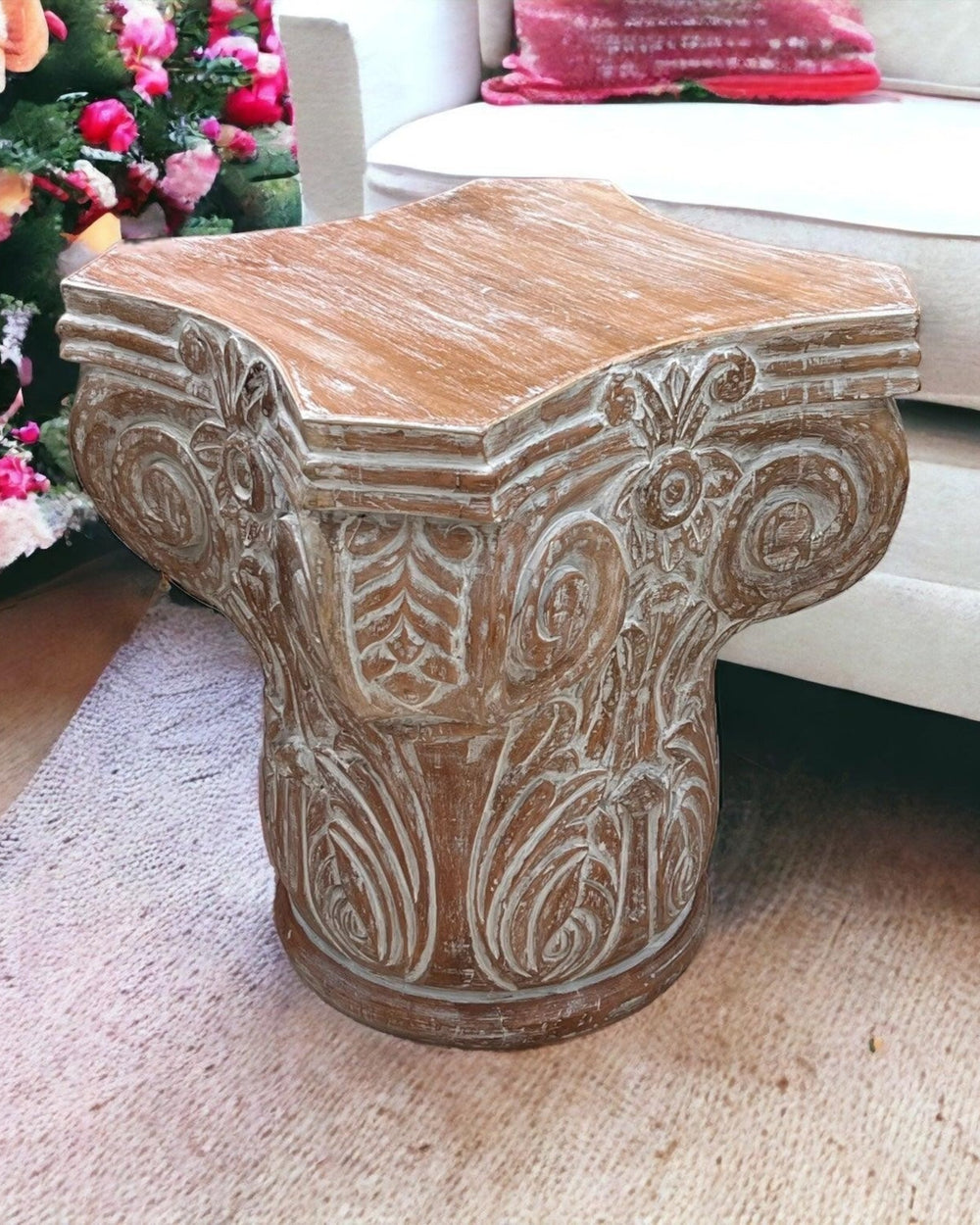Bloomart Hand Carved Pedestal Style End Table Mango Wood
