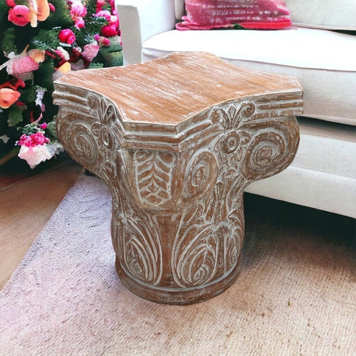 Bloomart Hand Carved Pedestal Style End Table Mango Wood