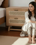 Bloomart Arnitra Modern Rattan Spline Bedside Table with 2 Spacious Storage Drawers Rustic Nightstand for Bedroom