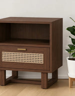 Bloomart Modern Wooden Bedside Table with Cane Drawer Front & Contemporary Nightstand with Open Shelf For Bedroom