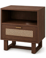 Bloomart Modern Wooden Bedside Table with Cane Drawer Front & Contemporary Nightstand with Open Shelf For Bedroom