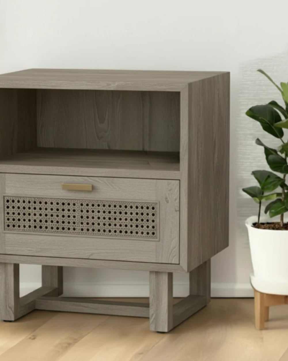 Bloomart Modern Wooden Bedside Table with Cane Drawer Front & Contemporary Nightstand with Open Shelf For Bedroom