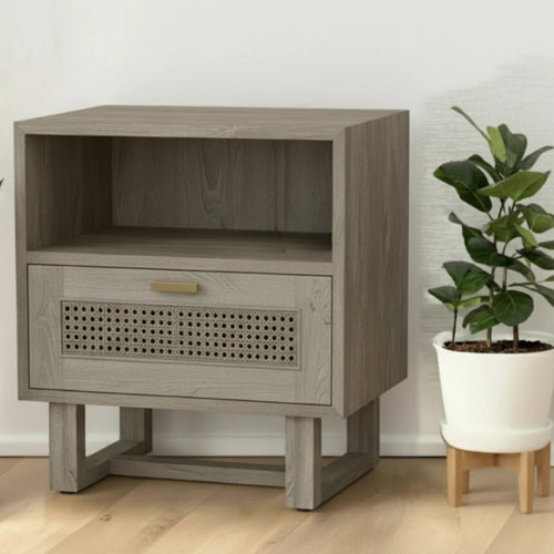 Bloomart Modern Wooden Bedside Table with Cane Drawer Front & Contemporary Nightstand with Open Shelf For Bedroom