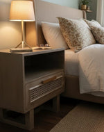 Bloomart Modern Wooden Bedside Table with Cane Drawer Front & Contemporary Nightstand with Open Shelf For Bedroom