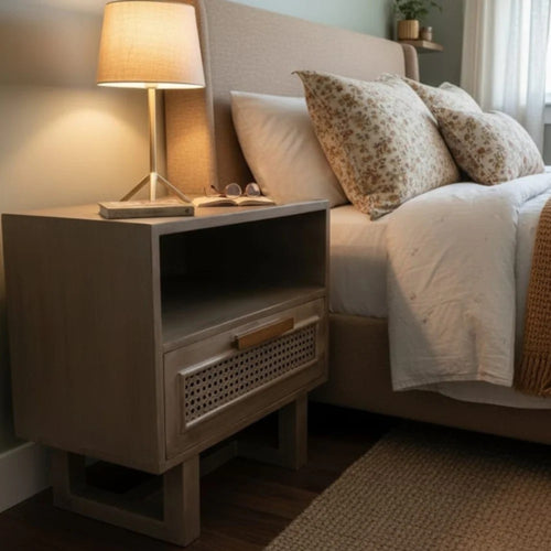 Bloomart Modern Wooden Bedside Table with Cane Drawer Front & Contemporary Nightstand with Open Shelf For Bedroom