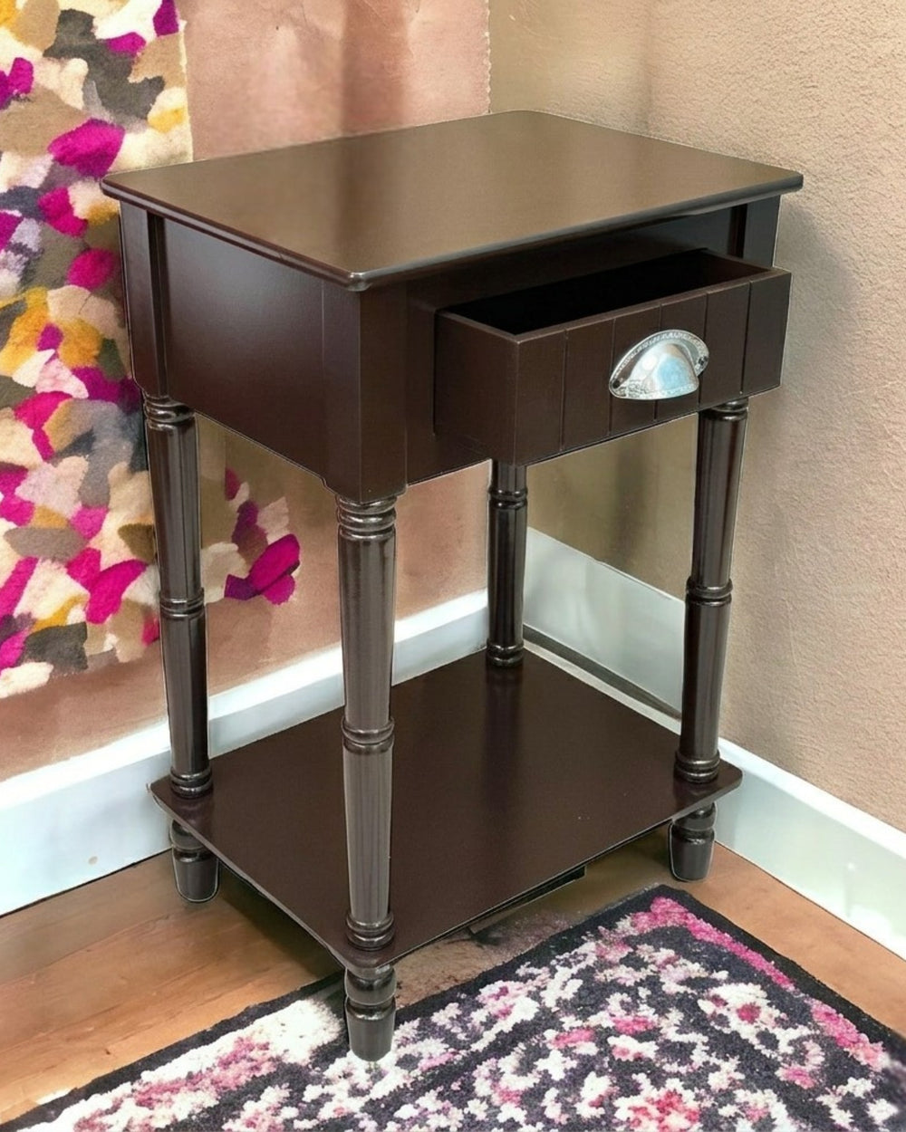 Bloomart Grub Square Shape Mango Wood Carved Round Legs Bedside Table with 1 Drawer & 1 Shelf