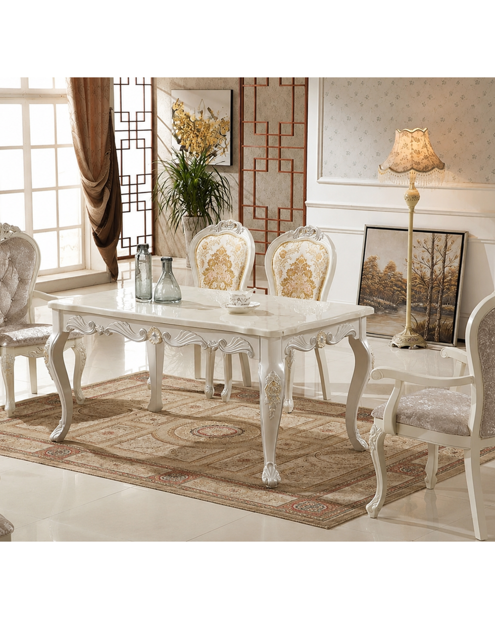 Glorious Royal Hand Carved Teak Wood 6 Seater Dining Table Set Elegant ( White Finish )