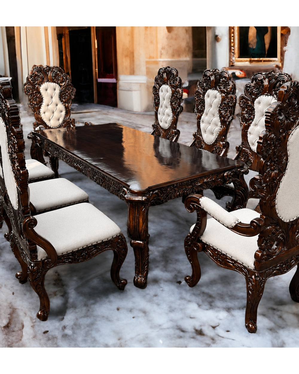 Wooden Majestic Royal Look Hand Carved Teak Wood 8 Seater Dining Table Set