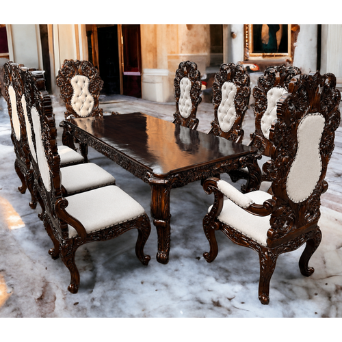 Wooden Majestic Royal Look Hand Carved Teak Wood 8 Seater Dining Table Set