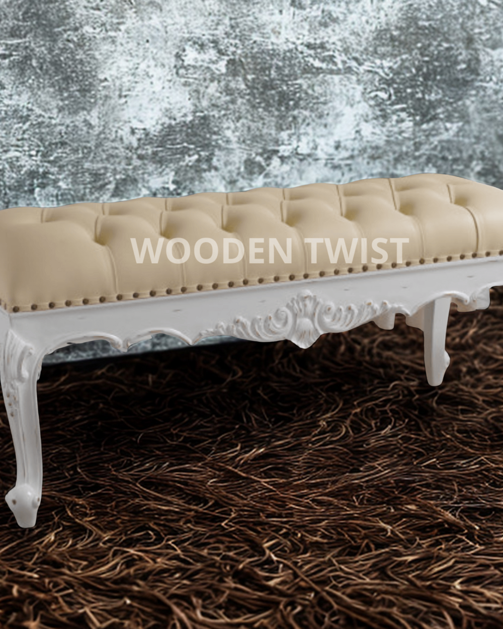 Bloomart Fiona Crystal Button Tufted Teak Wood 2 Seater Bench for Elegant Living Room (Antique White)