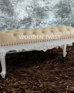Bloomart Fiona Crystal Button Tufted Teak Wood 2 Seater Bench for Elegant Living Room (Antique White)
