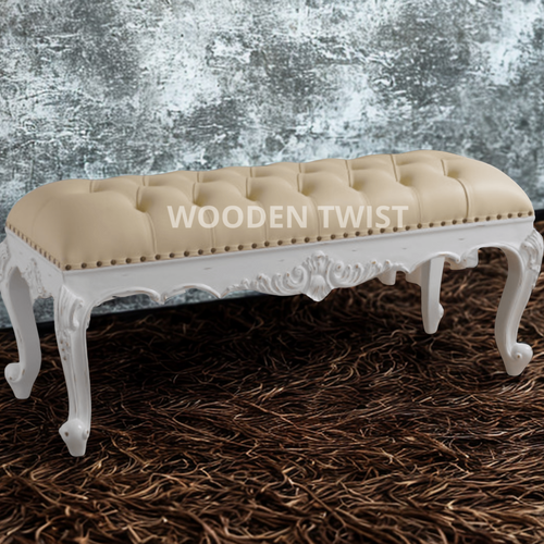 Bloomart Fiona Crystal Button Tufted Teak Wood 2 Seater Bench for Elegant Living Room (Antique White)