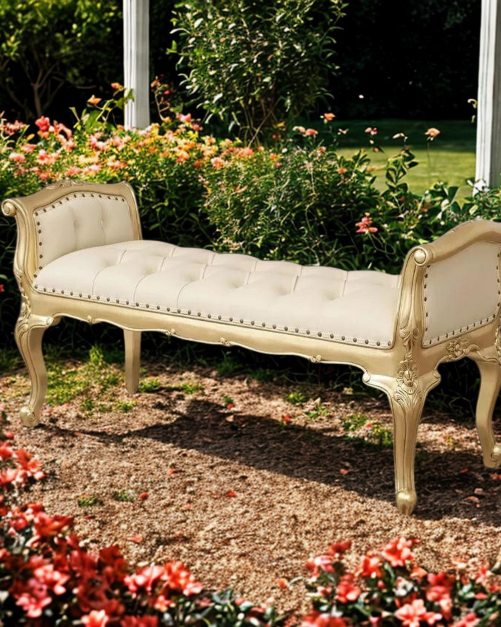Bloomart Carissa French Baroque Style Crystal Button Teak Wood Bench Hand Carved Antique-Inspired Seating for Elegant Living Room