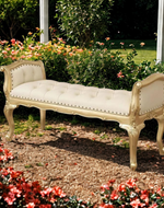 Bloomart Carissa French Baroque Style Crystal Button Teak Wood Bench Hand Carved Antique-Inspired Seating for Elegant Living Room