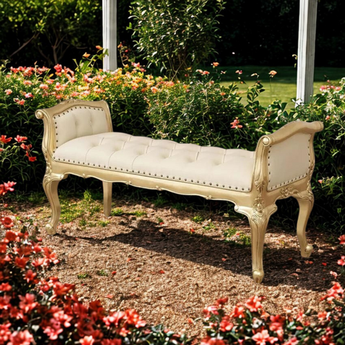 Bloomart Carissa French Baroque Style Crystal Button Teak Wood Bench Hand Carved Antique-Inspired Seating for Elegant Living Room